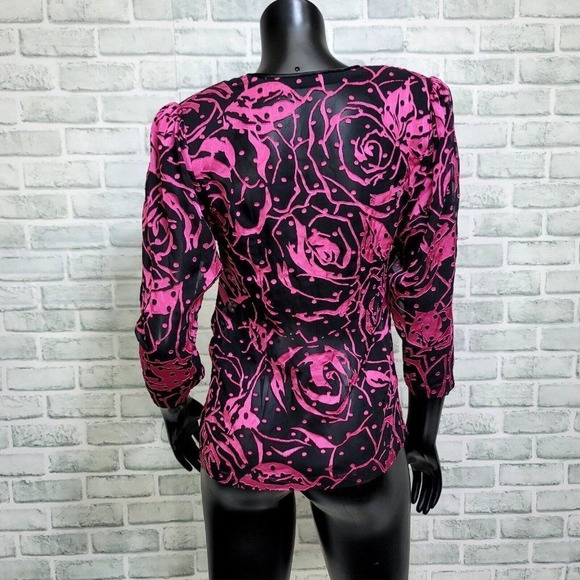 Vintage 80s Black Pink Burnout Velvet Sheer Snap Blouse Popover 3/4 Sleeve‎ - Picture 4 of 4